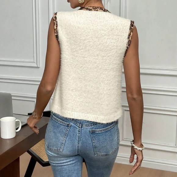 Multicolor Casual Women's Patchwork Leopard Print V-Neck Lace-Up Knitted Vest - Picture 2 of 6